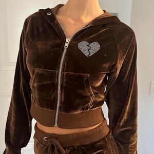 Poster Grl Velour Brown Velvet Cropped Zip Hoodie With Glitter Heart Size S